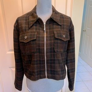 Tracy Evens classic wool poly blend brown plaid zip up jacket Small